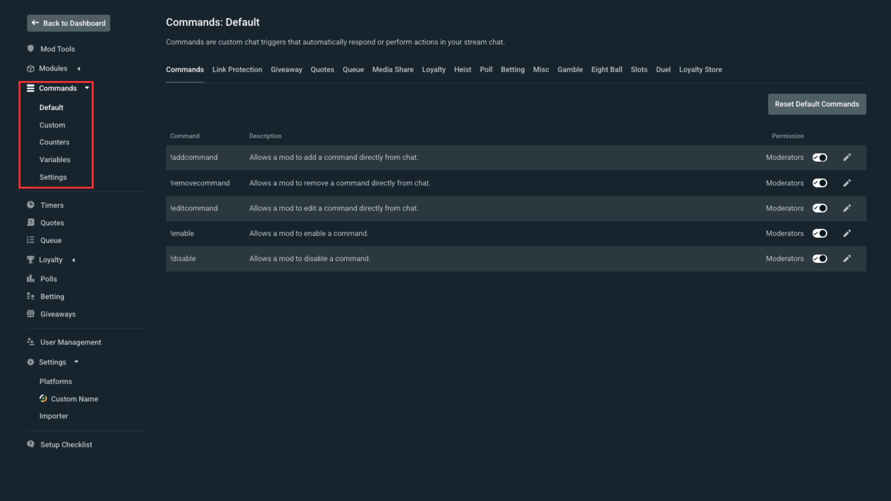 Default commands section within the Cloudbot settings dashboard